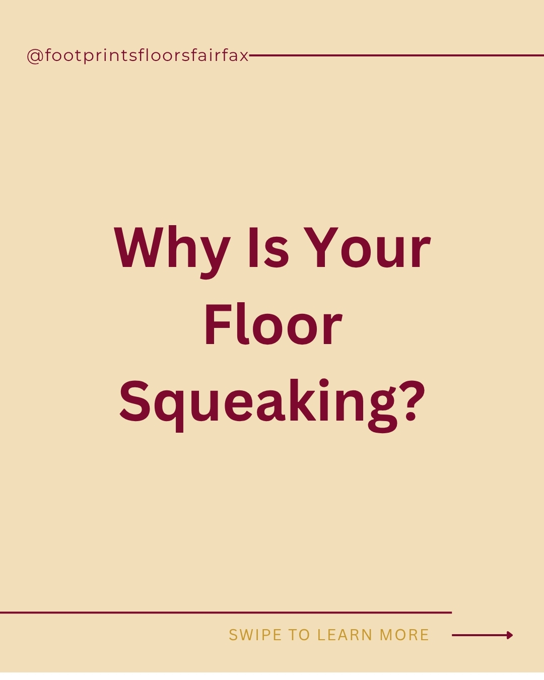 Why is your floor squeaking? 

That annoying creak, squeak, squeak every time you walk across the room could be caused by loose floorboards, subfloor movement, or changes in moisture and temperature.

Don&rsquo;t ignore the noise! Let the flooring experts at Footprints Floors of Fairfax find the source and help get your floors quiet again.

📞 Call us today for your FREE estimate!
https://tinyurl.com/ftprntsflrsfrfx

