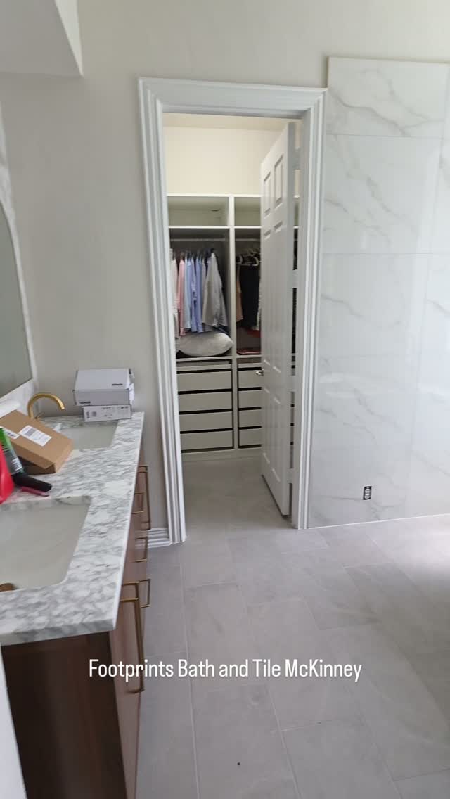 Another full master bathroom remodel completed. this time in Frisco

24x48 porcelain tile, free standing tub, pedestal filler and all new fixtures.  New vanity, paint, and mirrors.