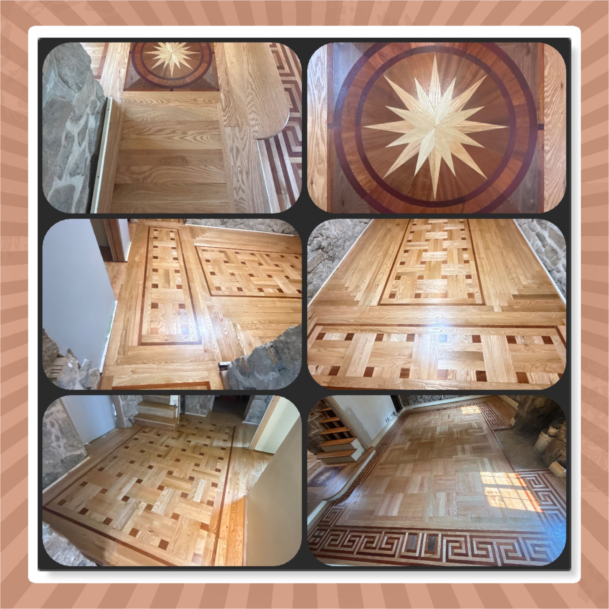 Footprints Floors is proud to have expertly restored the exquisite hardwood floors of this 1740-built residence, showcasing a unique blend of patterns including Parquet, Herringbone, Chevron, Basket Weave, Borders, and Medallions. 

The floors feature a diverse range of hardwood species, including White Oak, Red Oak, Ash, Brazilian Cherry, Hickory, Black Walnut, and Purpleheart. 

To ensure a timeless aesthetic, we applied a Loba Supra AT (2-component ceramic-reinforced water-based polyurethane finish), guaranteeing this distinctive floor remains a masterpiece for generations to come.