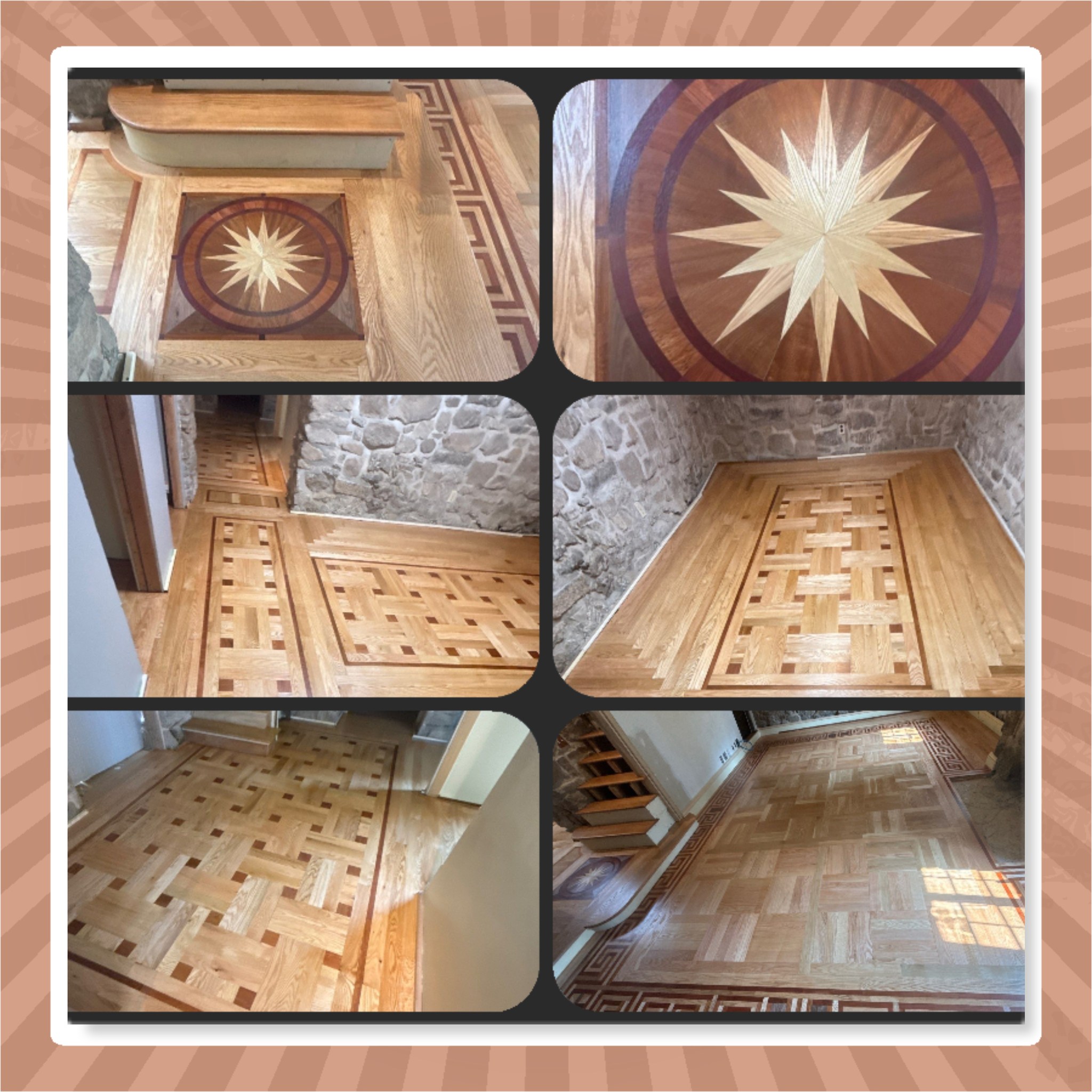 Footprints Floors is proud to have expertly restored the exquisite hardwood floors of this 1740-built residence right here in beautiful Twin Valley, showcasing a unique blend of patterns including Parquet, Herringbone, Chevron, Basket Weave, Borders, and Medallions. 

The floors feature a diverse range of hardwood species, including White Oak, Red Oak, Ash, Brazilian Cherry, Hickory, Black Walnut, and Purpleheart. 

To ensure a timeless aesthetic, we applied a Loba Supra AT (2-component ceramic-reinforced water-based polyurethane finish), guaranteeing this distinctive floor remains a masterpiece for generations to come.