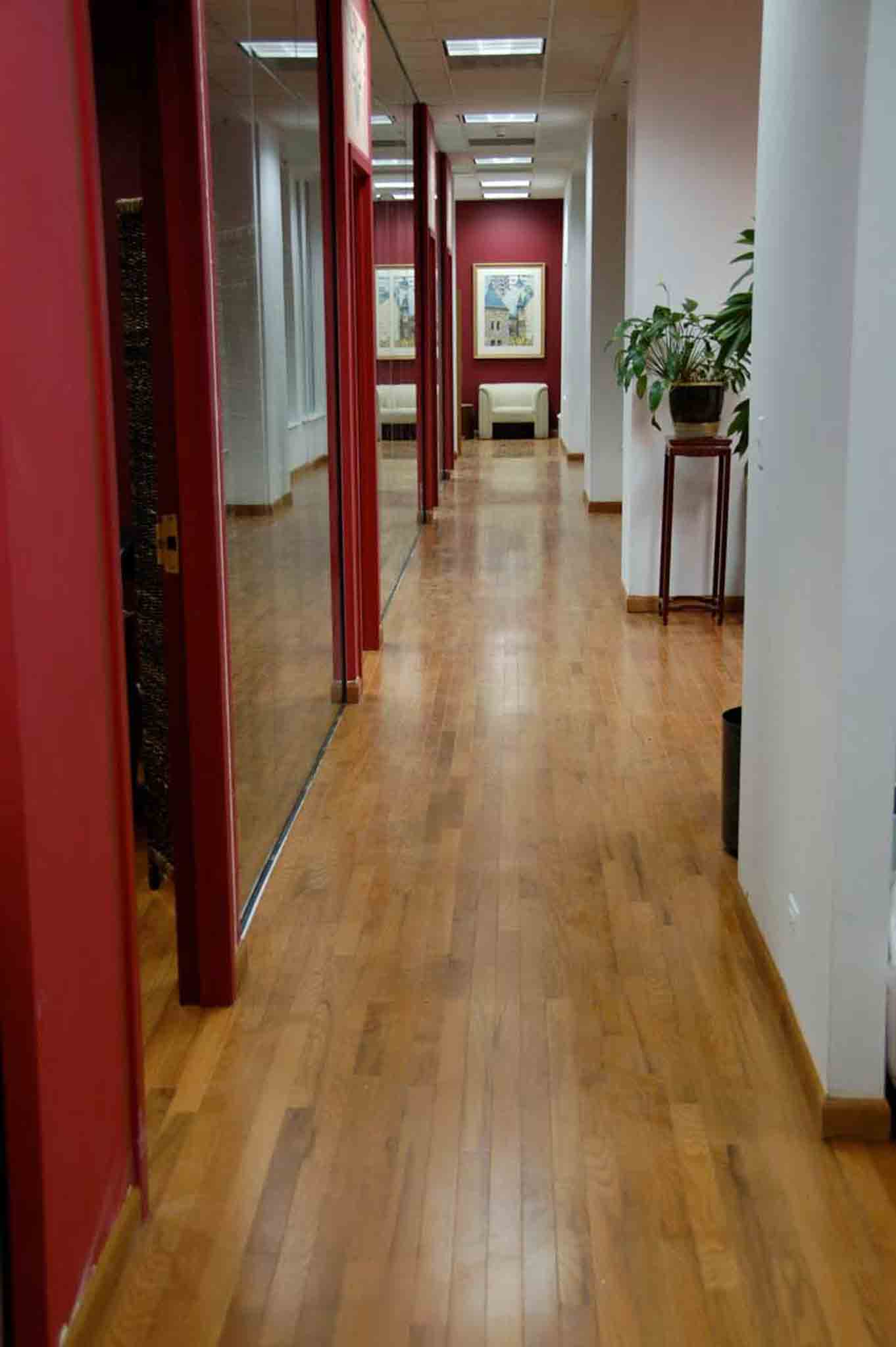 An office hallway with light wood flooring.