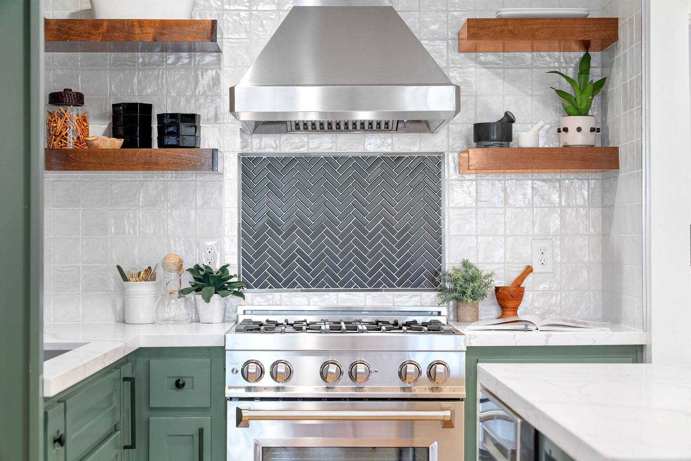 A green kitchen with recently installed backsplash in Reno-Sparks Metro, NV.