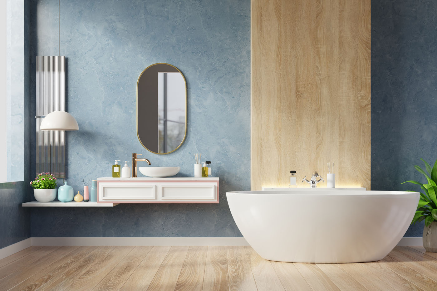 A stylish bathroom designed with light hardwood flooring installed by Footprints Floors.