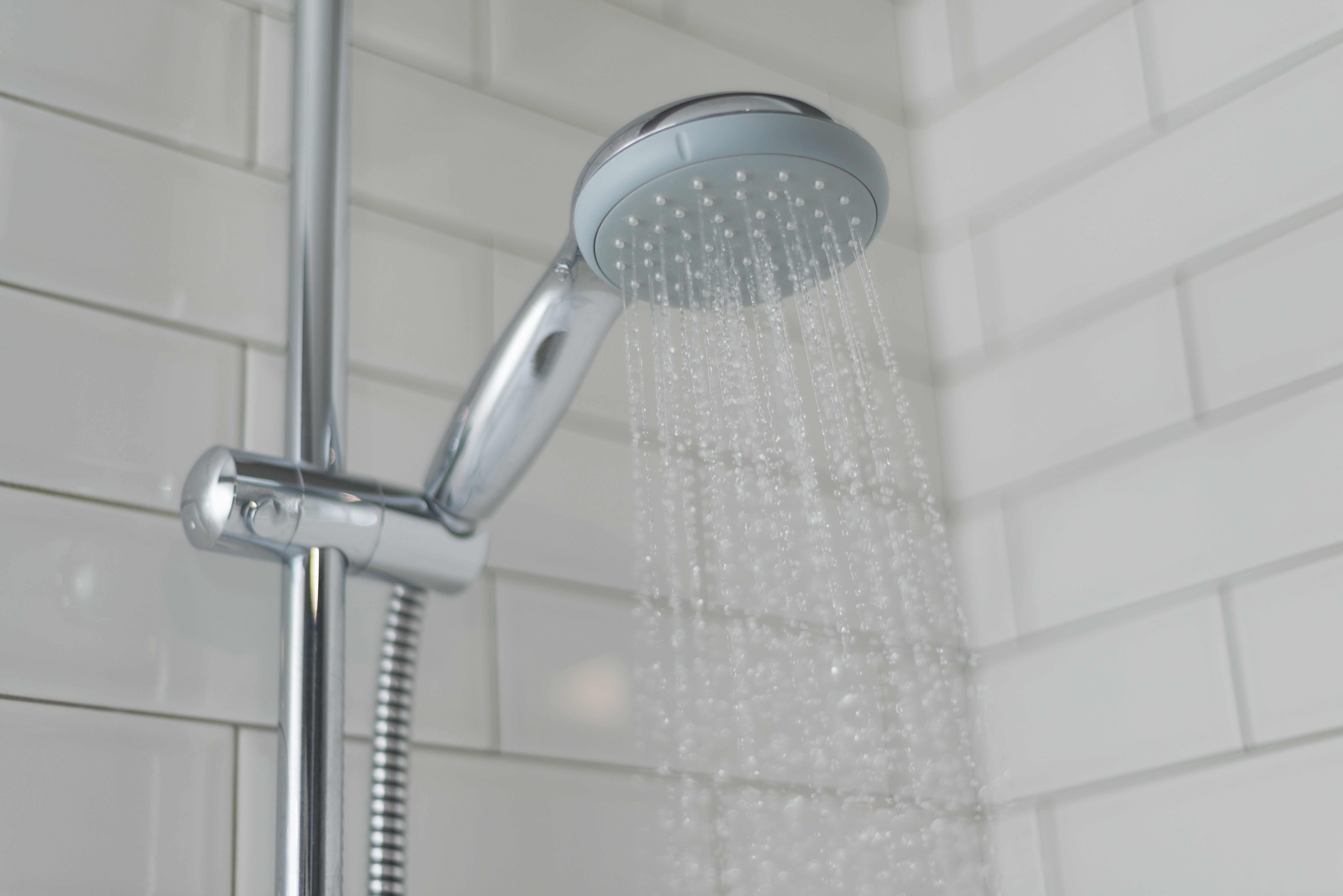 A close up of a shower head in a tiled shower.