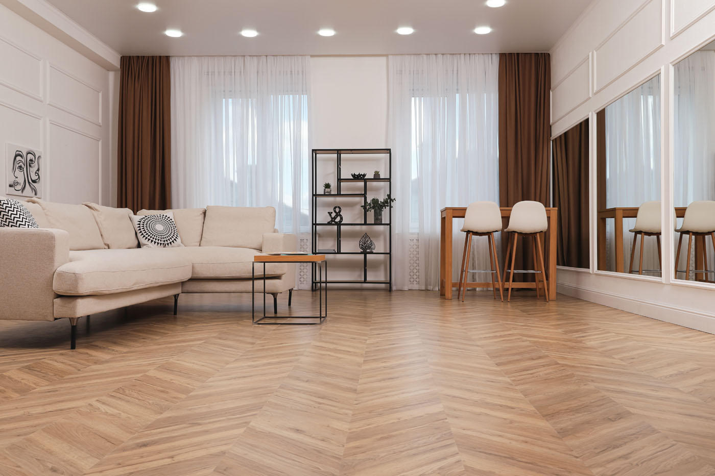 The interior of a beautiful hardwood flooring project completed by the Footprints Floors team.